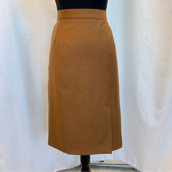 VINTAGE Mister Leonard camel Brown pure virgin wool pencil skirt Sz 10/12 - Picture 3 of 10